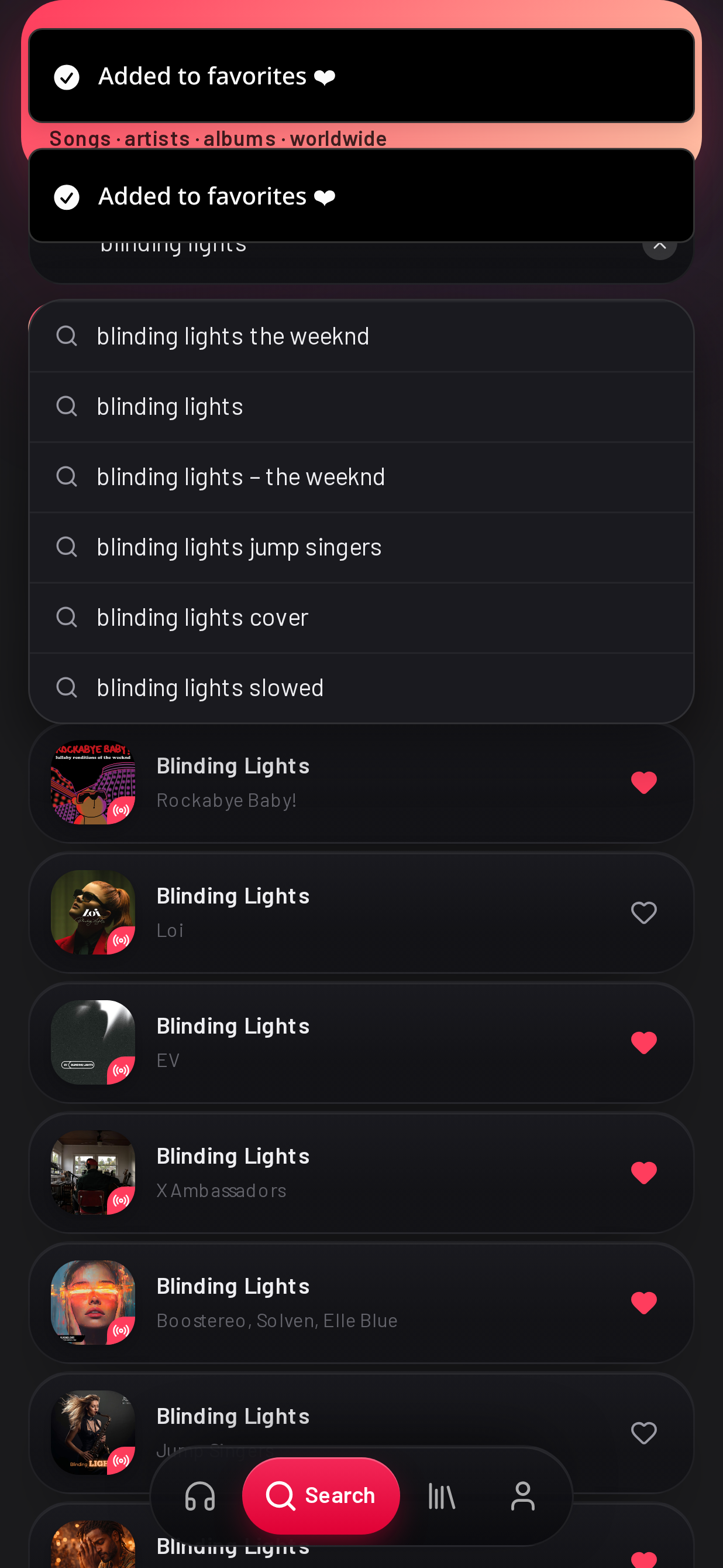 Search results with instant like buttons
